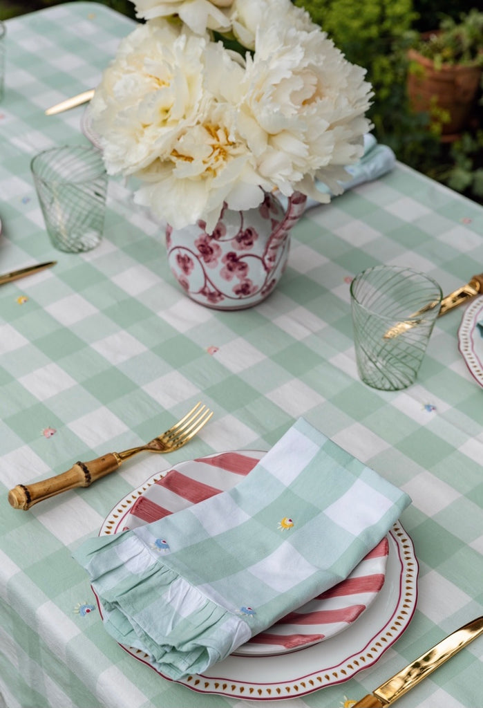 Embroidered Green Gingham Tablecloth