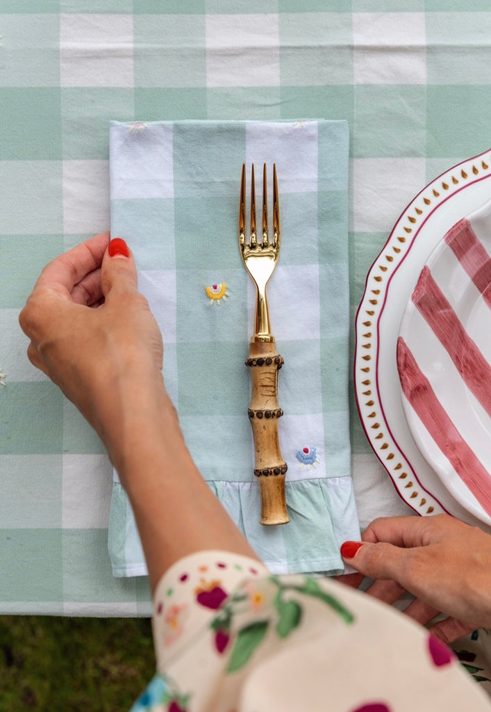 Embroidered Green Gingham Tablecloth