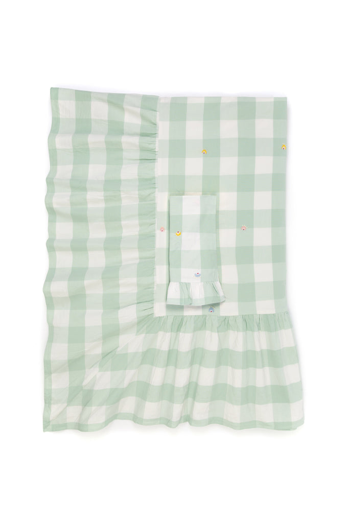 Embroidered Green Gingham Tablecloth